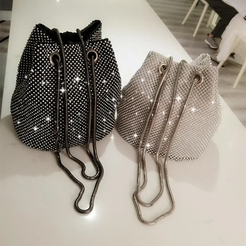 Rhinestone Women Dinner Party Shoulder Bags Luxury Design Ladies Drawstring Crossbody Bag Shiny Chain Ladies Purse Handbags