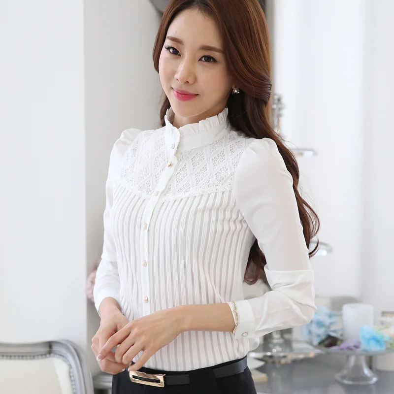 Formal White Blouses Spring Fall Korean Mock Neck Button Up Long Sleeve Lace Striped Patchwork Elegant Office Chiffon Shirts Top