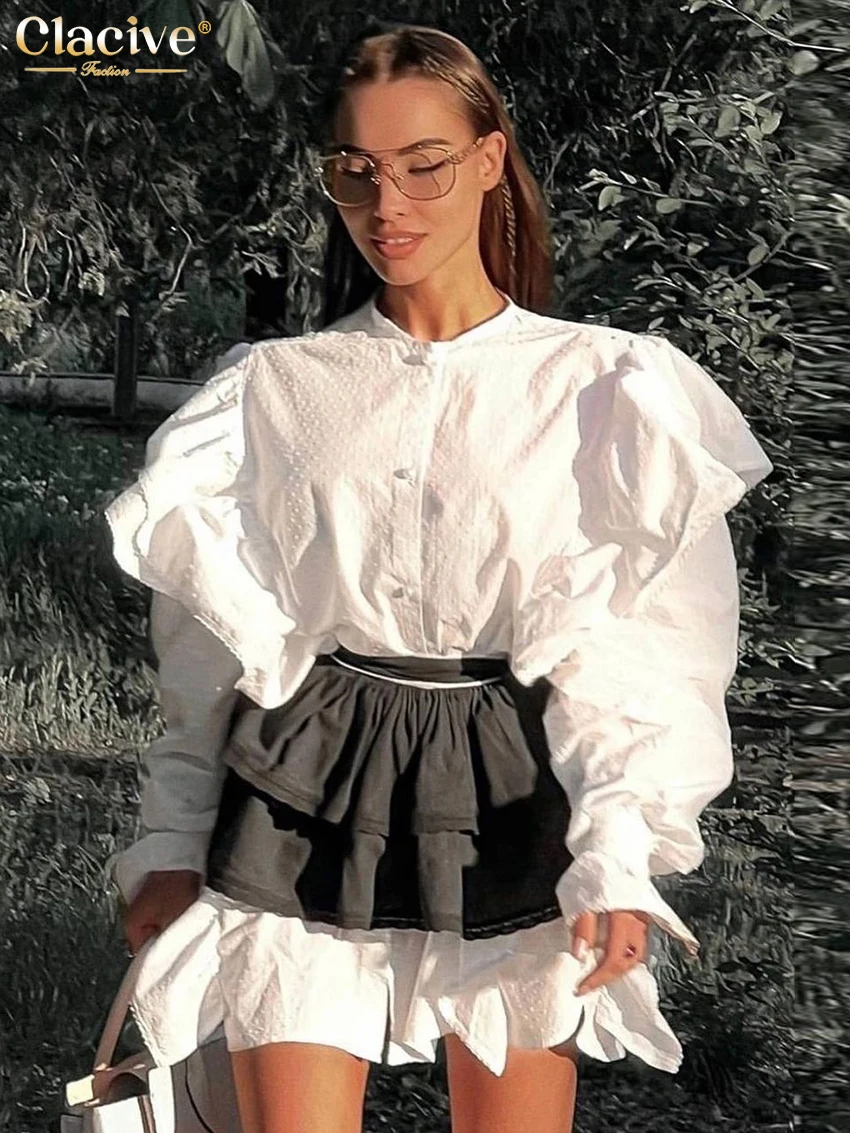Clacive Fashion luźna biała bawełniana sukienka damska Casual O-Neck z długim rękawem Mini sukienka eleganckie klasyczne plisowane sukienki dla kobiet
