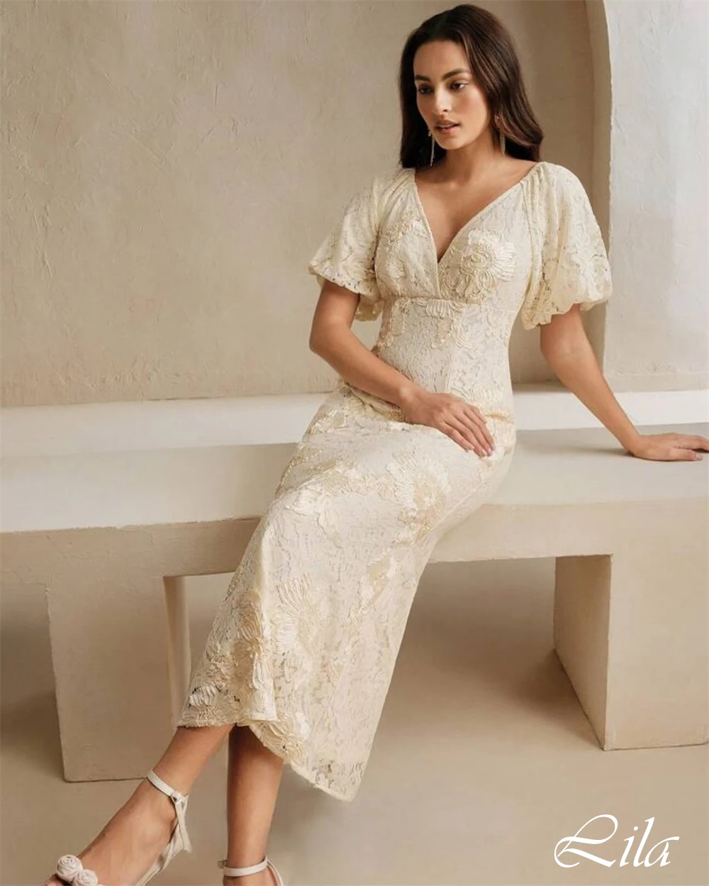 Customized V-Neck Short Sleeves Prom Dress Straight Tea Length Simple Homecoming Dress Appliques White Modern Evening Dress