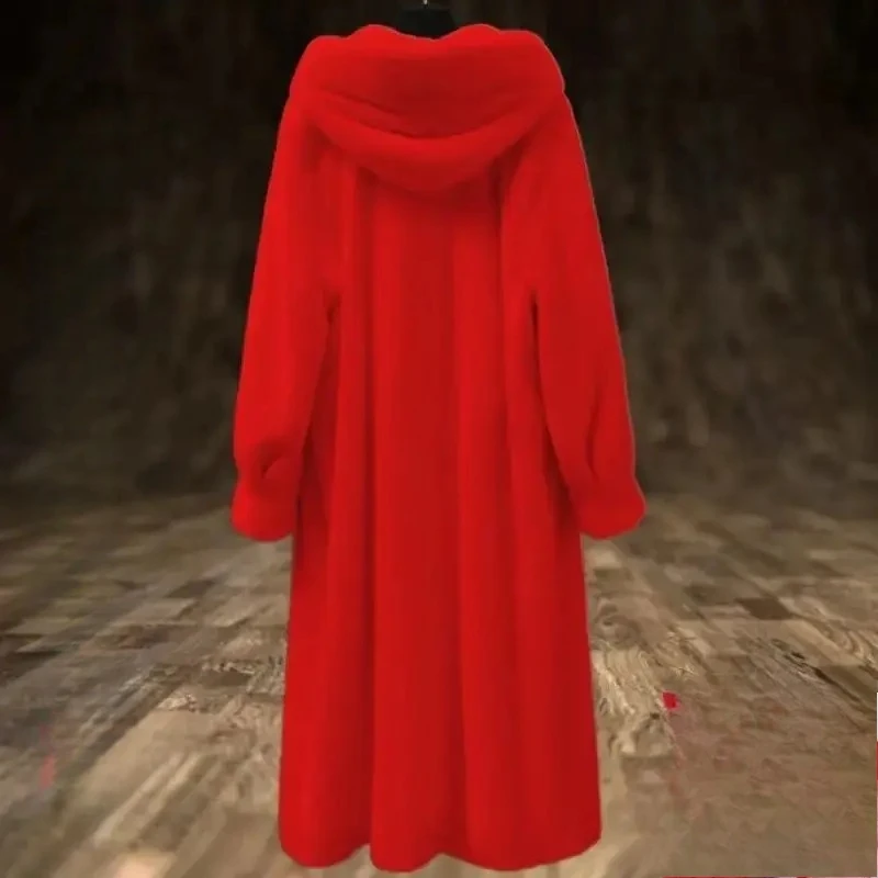 Women's Winter Hooded Long Faux Mink Coat Design Luxury Brand Faux Fur Trench Coat Warm Soft High Quality Windproof Snow Clothes