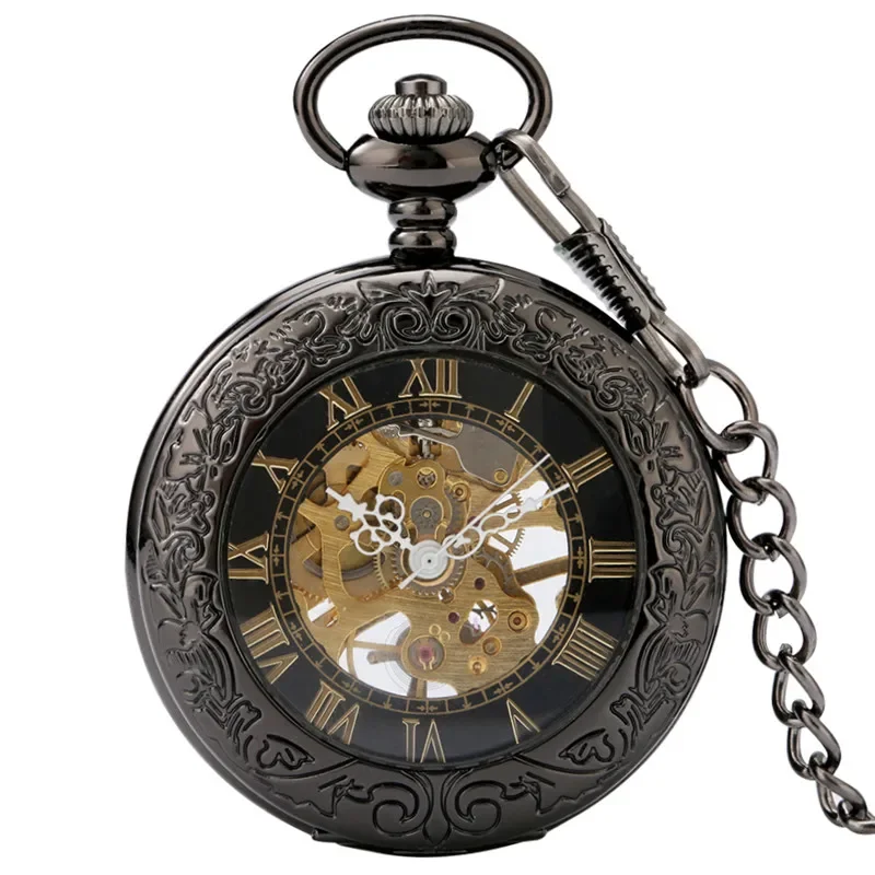 Gold Roman Numerals Transparent Glass Cover Men's Handwinding Mechanical Pocket Watch Pendant Clock with Black Fob Chain Gift