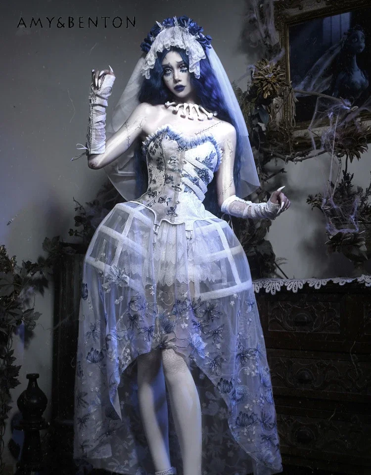 

Gothic Vintage Flower Print Embroidered Fish Tub Top Sweet Print Mid-length Mesh Skirt Two-piece Set Women Subculture Lolita