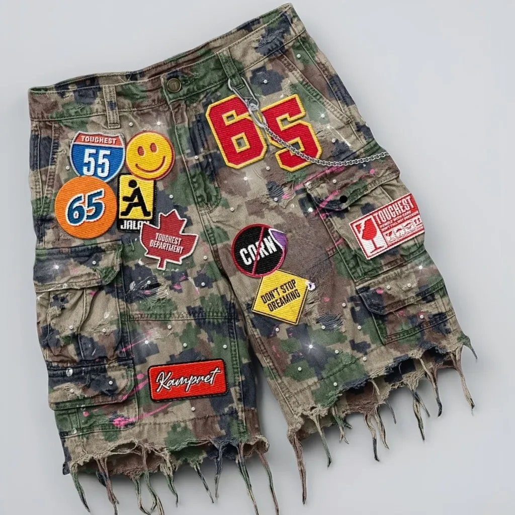 

Outdoors Streetwear Patchwork Denim Short Y2K Jeans Men Women Hip Hop Patch Graphics Loose Camo Denim Fitness Casual Shorts