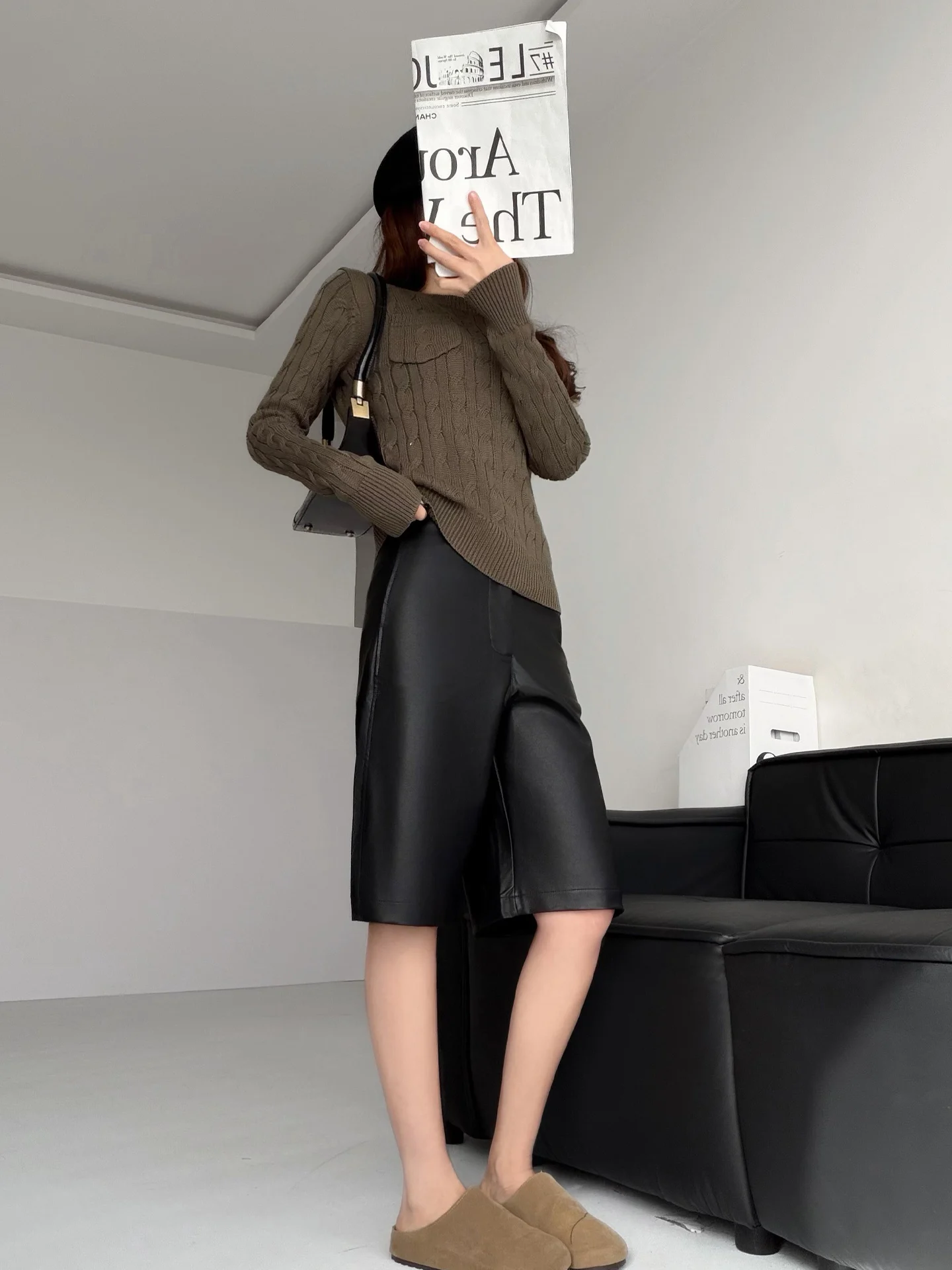 

High Quali PU Leather Casual Pants Women's Loose Straight Leg ort orts Comfortable Lazy Sle High Waist Zipper Fly