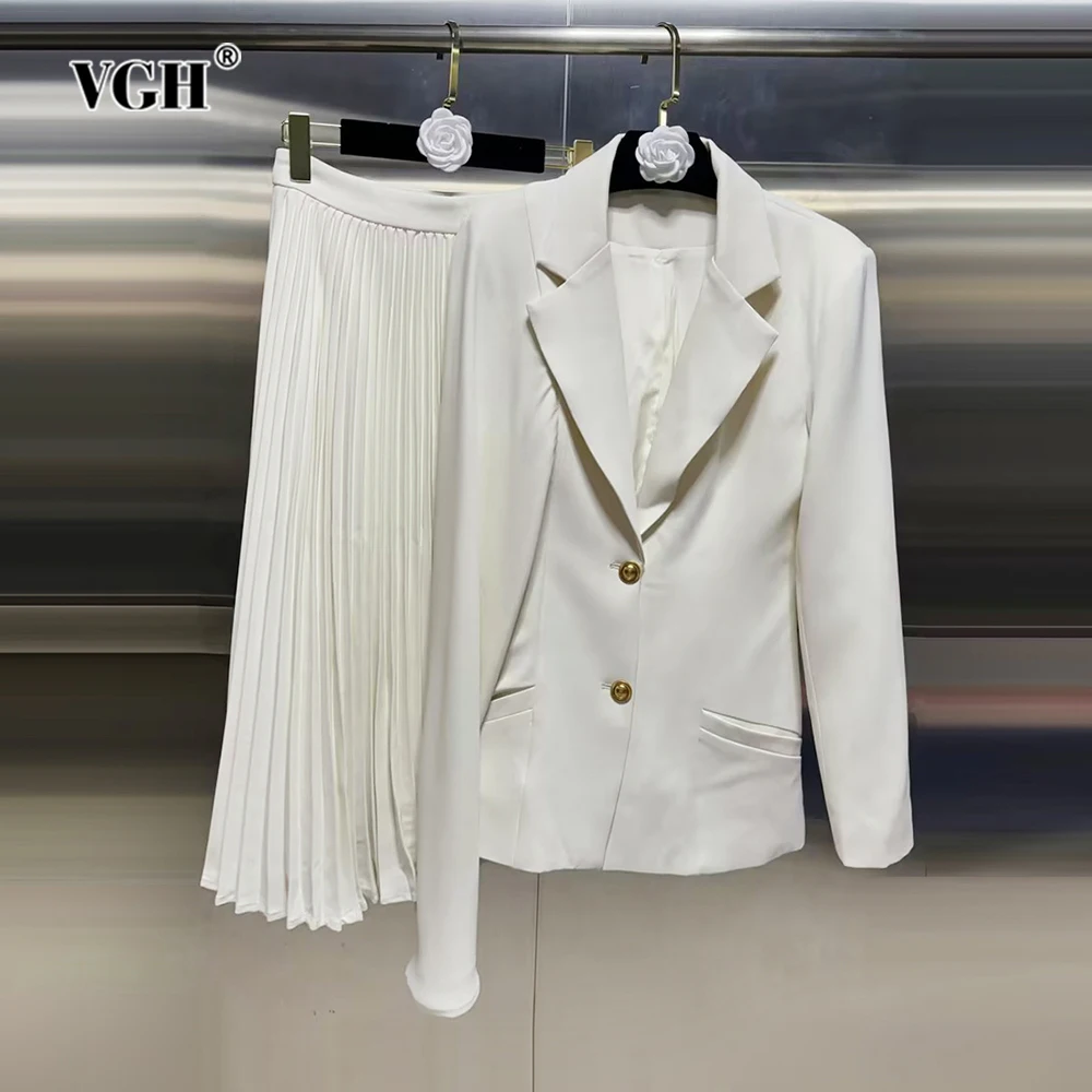 VGH Casaul Two Piece Sets For Women Notched Collar Long Sleeve Blazers High Waist A Line Skirts Minimalist Solid Set Female New