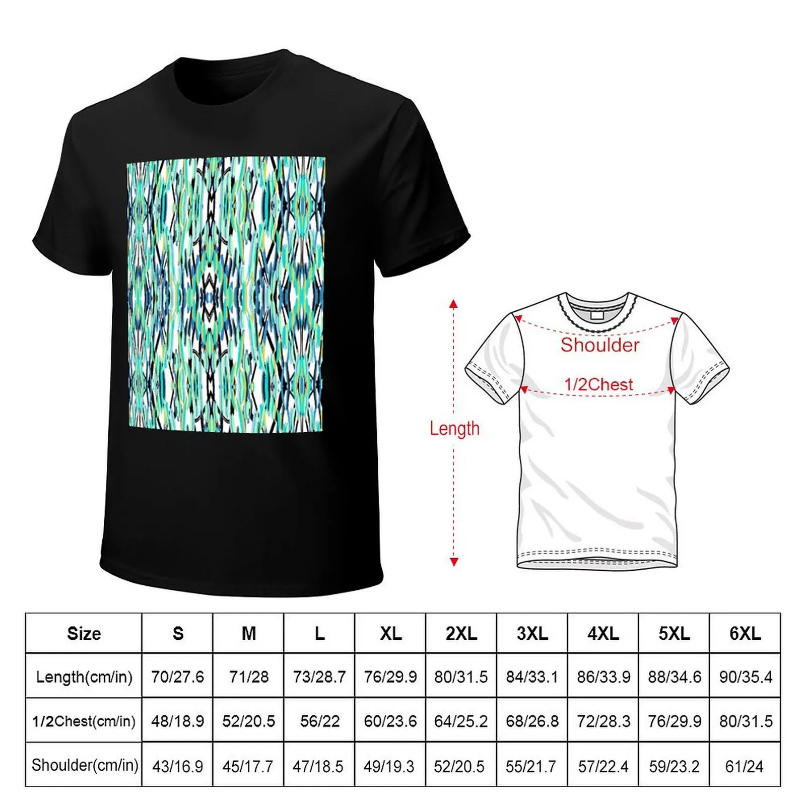 Abstract Design in Blue, Green, Black, and White T-Shirt Functional Casual Short Sleeve Tee