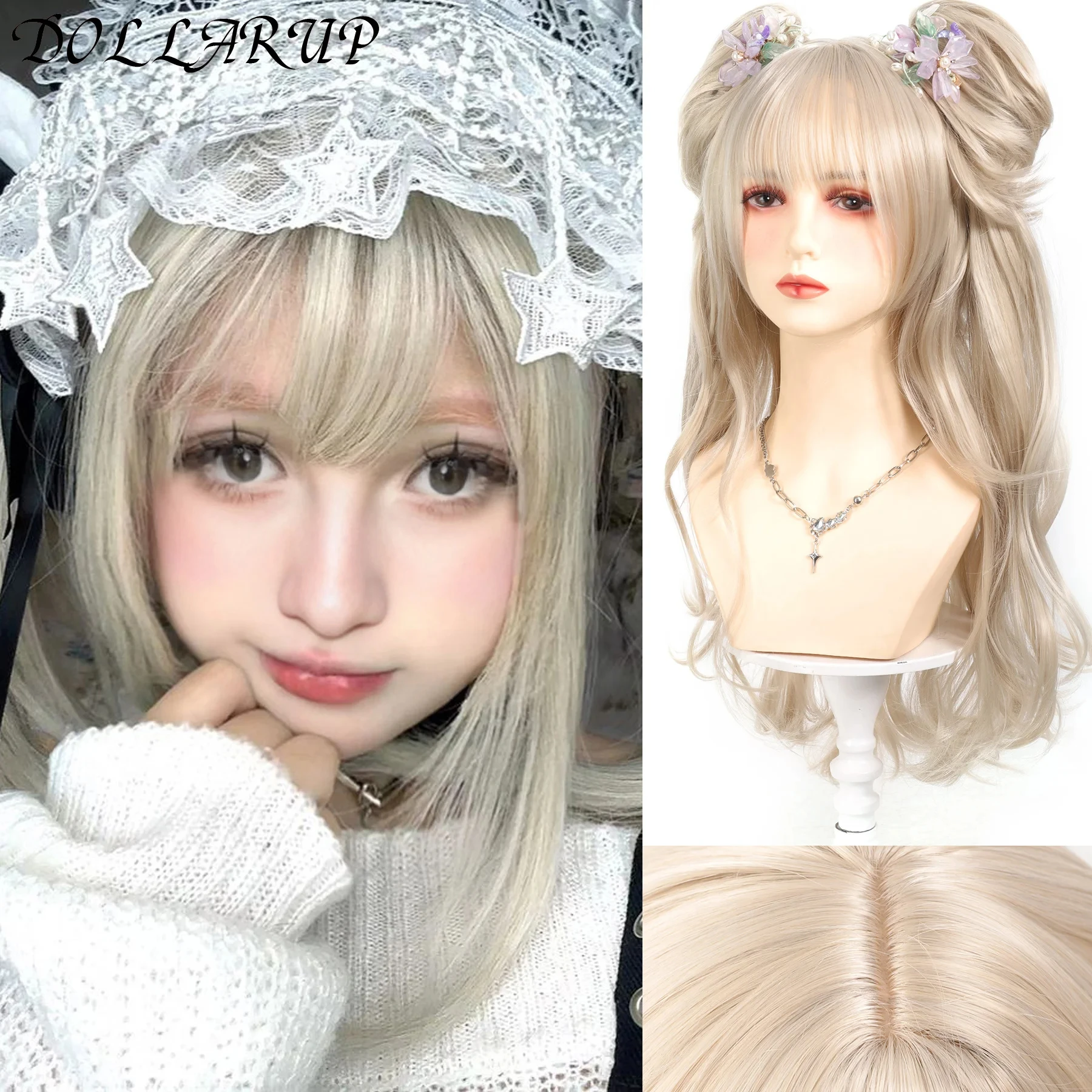 

JKL Synthetic Long Curly Wavy Lolita Wig with Bangs Double ponytail Wig Girl Cute Blonde Cosplay Party Halloween Christmas Wig