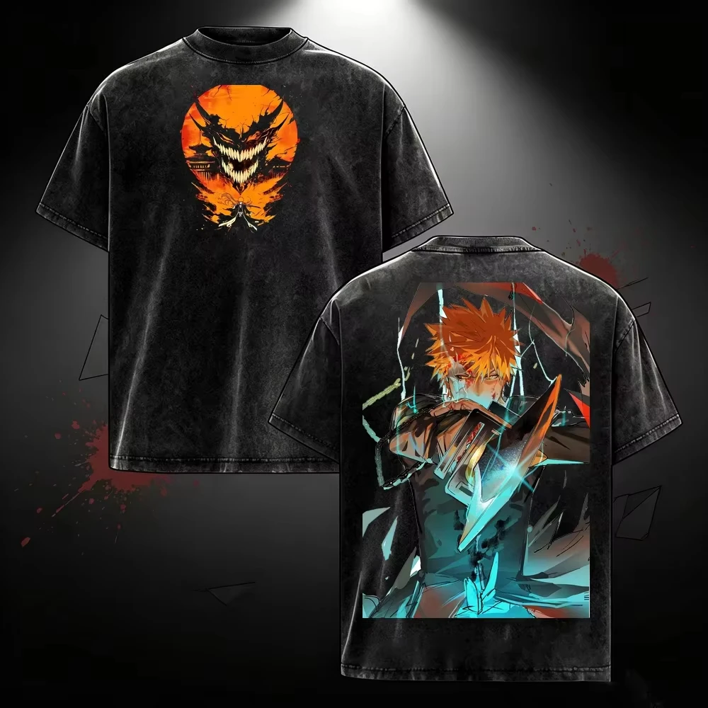 Anime BLEACH Aizen Sousuke Graphic Print T-shirt Vintage Washed O-neck Oversized Unisex hot product Streetwear Comfortable tee