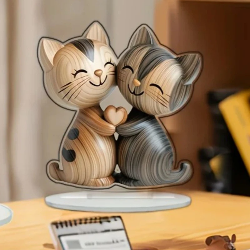 1pc Adorable Black White Cat Heart-shaped Patchwork Ornament,Couple's Style Desktop Decor,Cat-shaped Bedside Decoration﻿