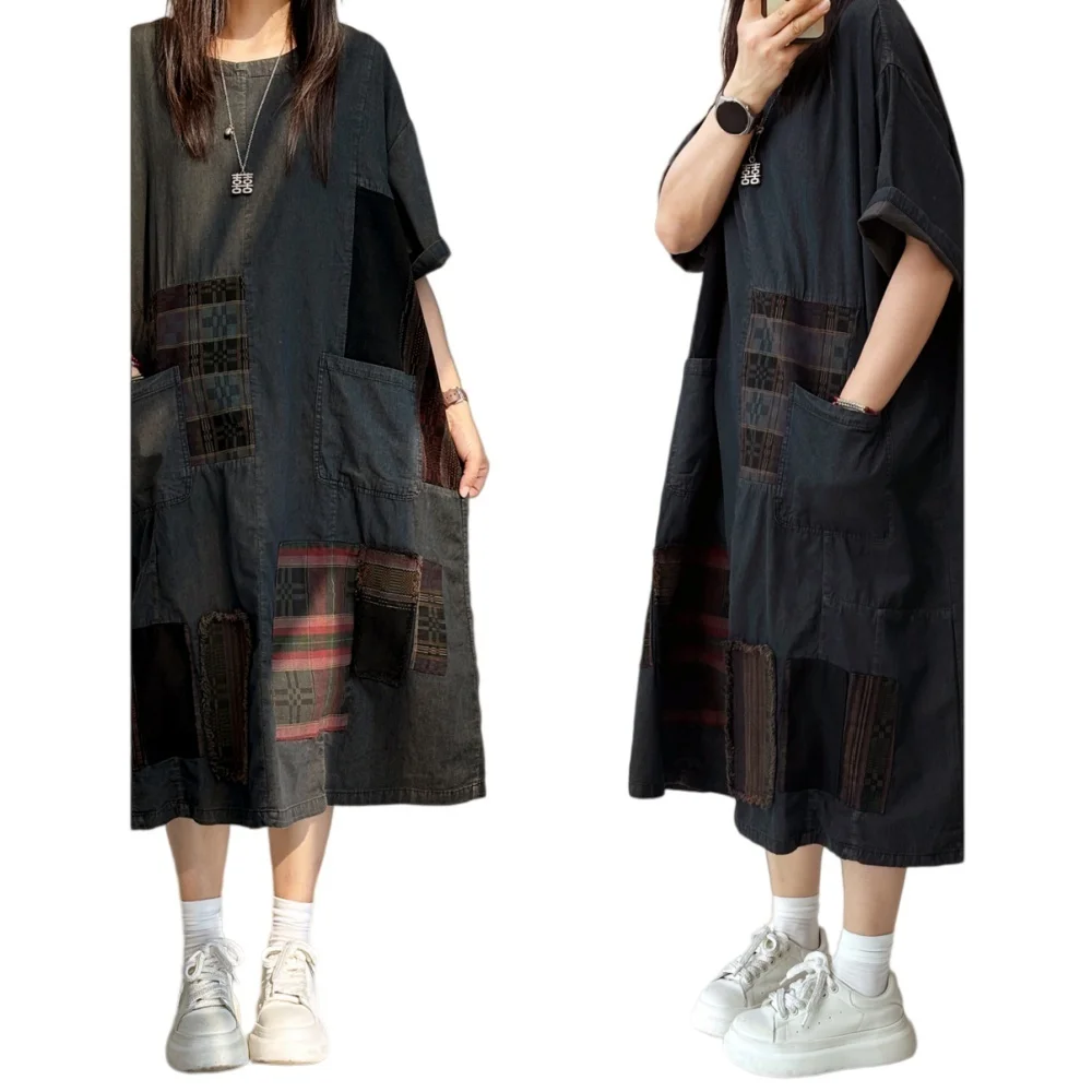 Ethnic Style Loose Casual Short-sleeve Dress Women Color-blocked Large Pockets Mid-length Dress Summer LX5789 - Image 6