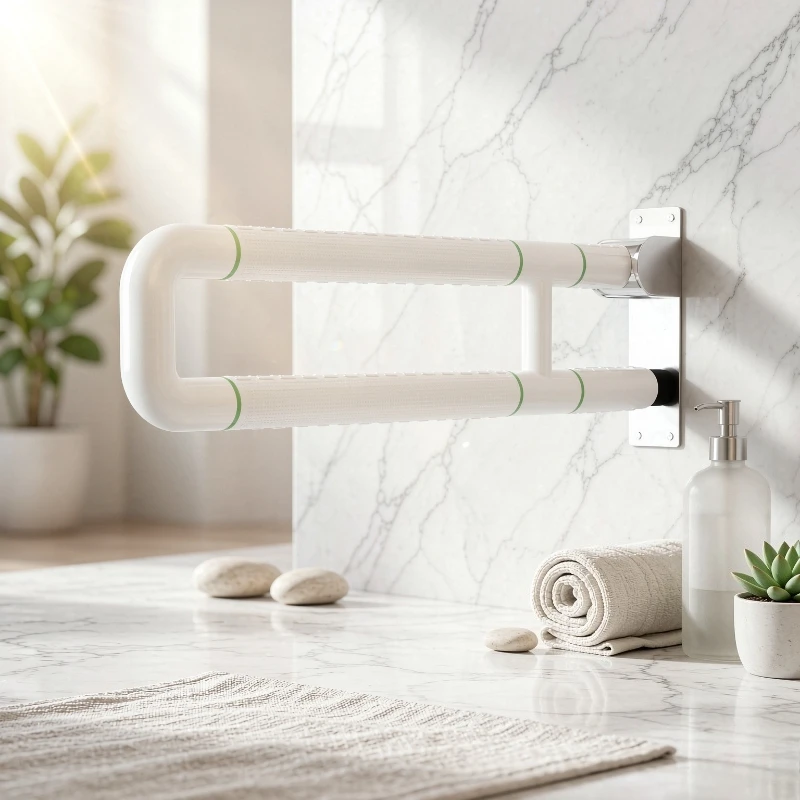 Wall Mounted Folding Toilet Grab Bar for Seniors, Stainless Steel Rail with Glow in the Dark Grip Dots and Textured Handle