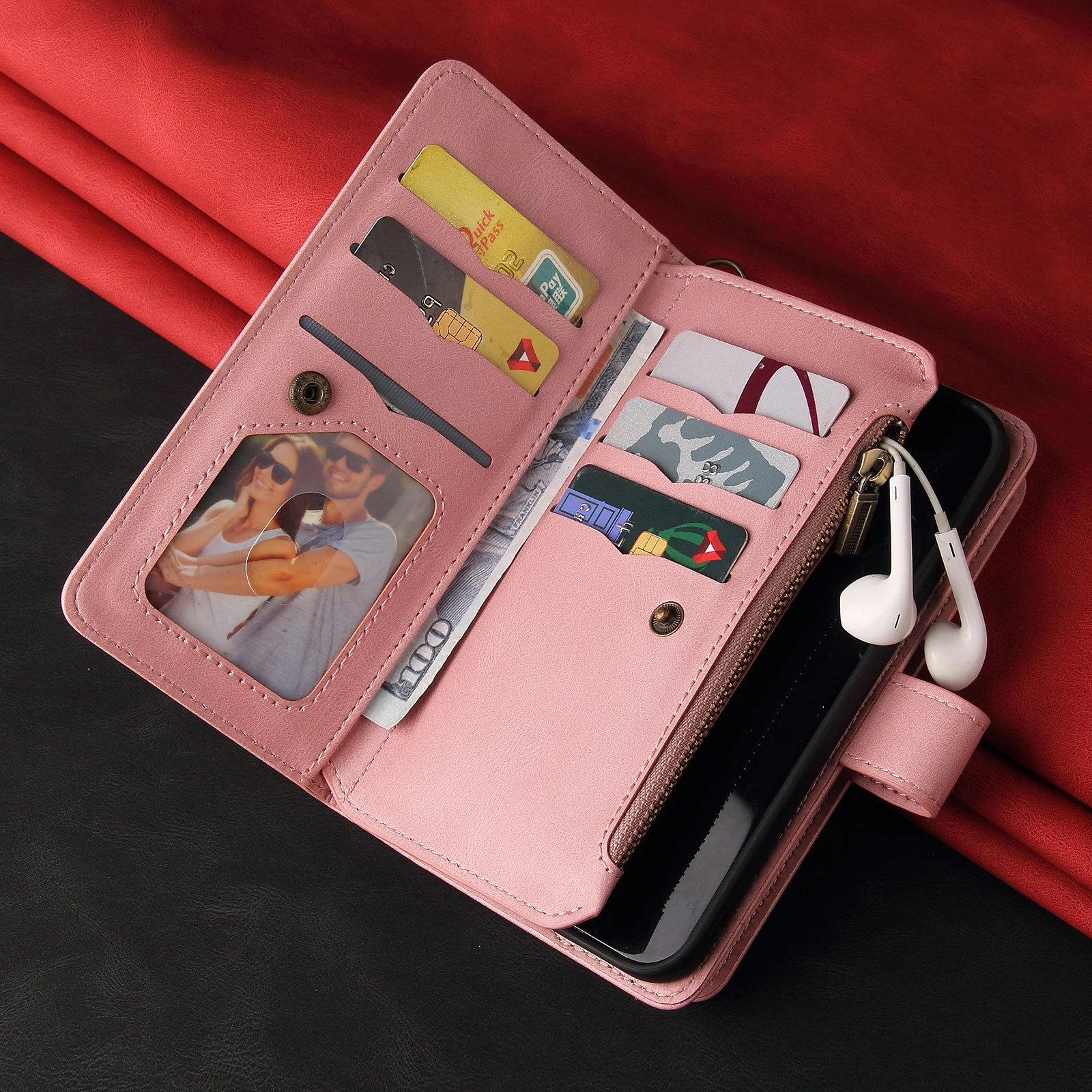 

For Samsung A12 A32 A42 A52 A72 A13 A14 A15 Luxury 15 Cards Zipped Multifunction Wrist Strap Wallet PU Leather Case Cover Shell