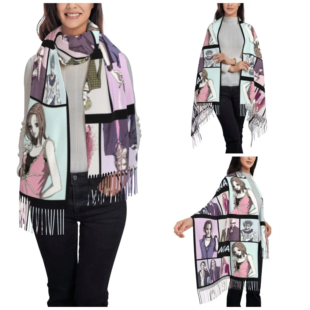 نانا أوساكي كوماتسو شينيتشي وشاح للمرأة خريف شتاء الباشمينا شال التفاف مانغا الأوشحة الكبيرة مع شرابة للارتداء اليومي #2