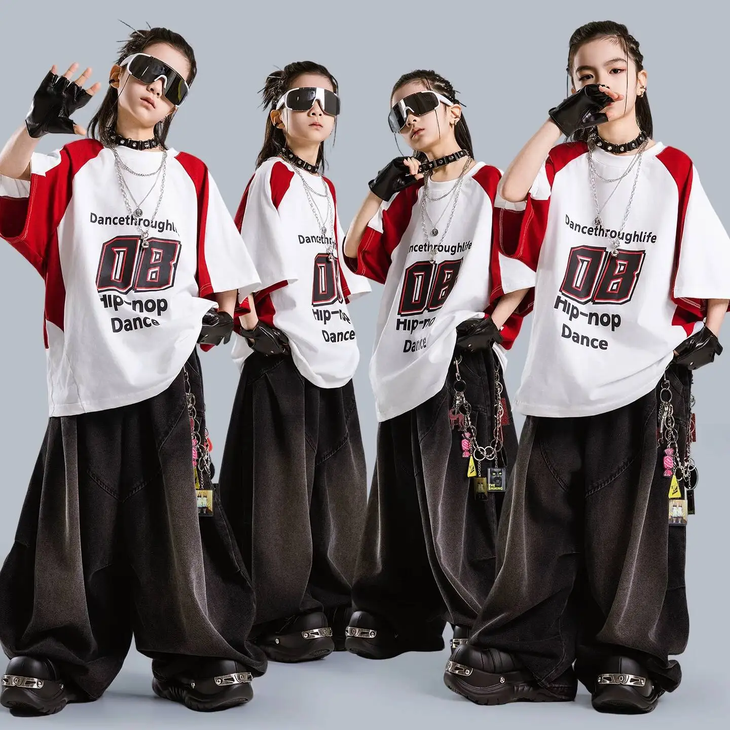 kpop Hip Hop Letter Print Raglan Sleeve Loose T-shirt Faded Baggy Jeans Street Performance Costume Street Dance Stage Outfit Set