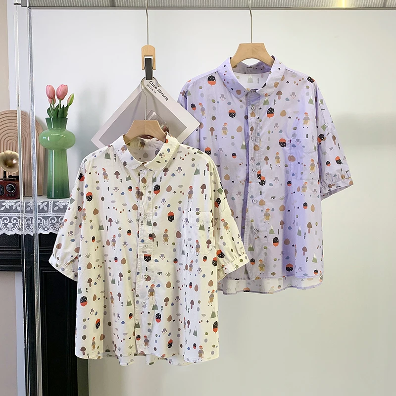 

Summer New Loose Pure Cotton Short Sleeve Shirt Women's Style Printed Open Cardigan Slimming Short Length Top