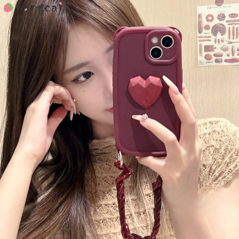 3D Stereo Heart Phone Case For Vivo V29 V27 V23 V21 V21S V20 Y19 X90S X90 Pro X80 X70 X60 Casing Wine Red Lanyard Bracelet Case