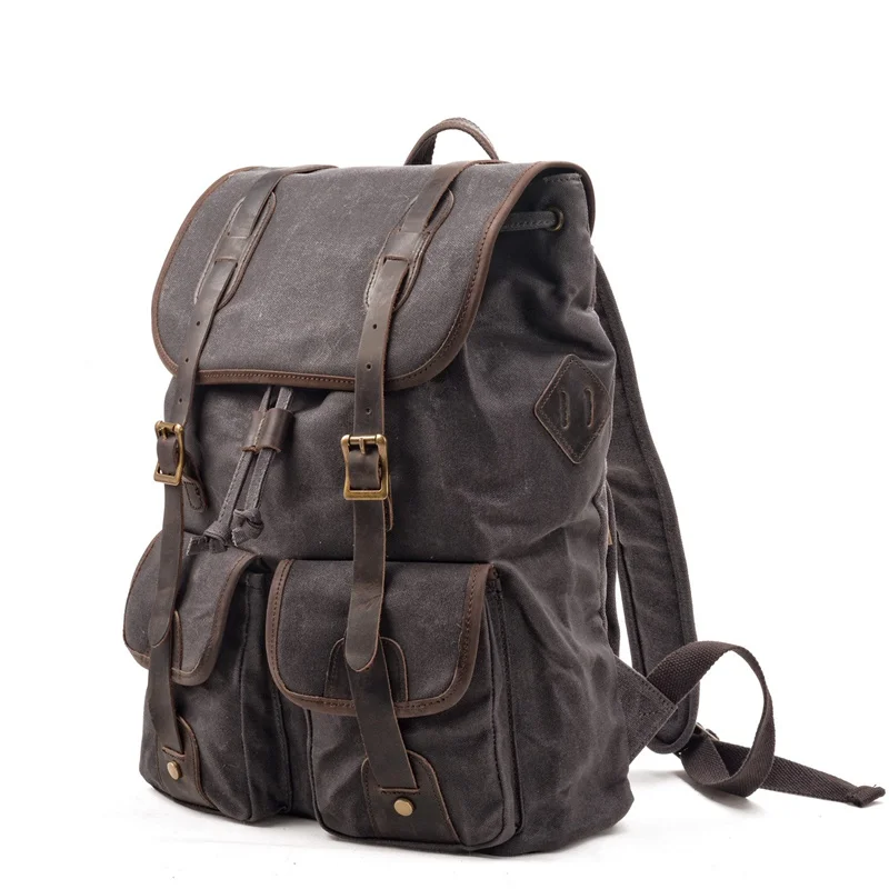 Nesitu Quality Black Khaki Grey Green A4 Laptop Waxed Canvas Genuine Leather Men Women Backpack Hiking Travel Bag Duffel M5105