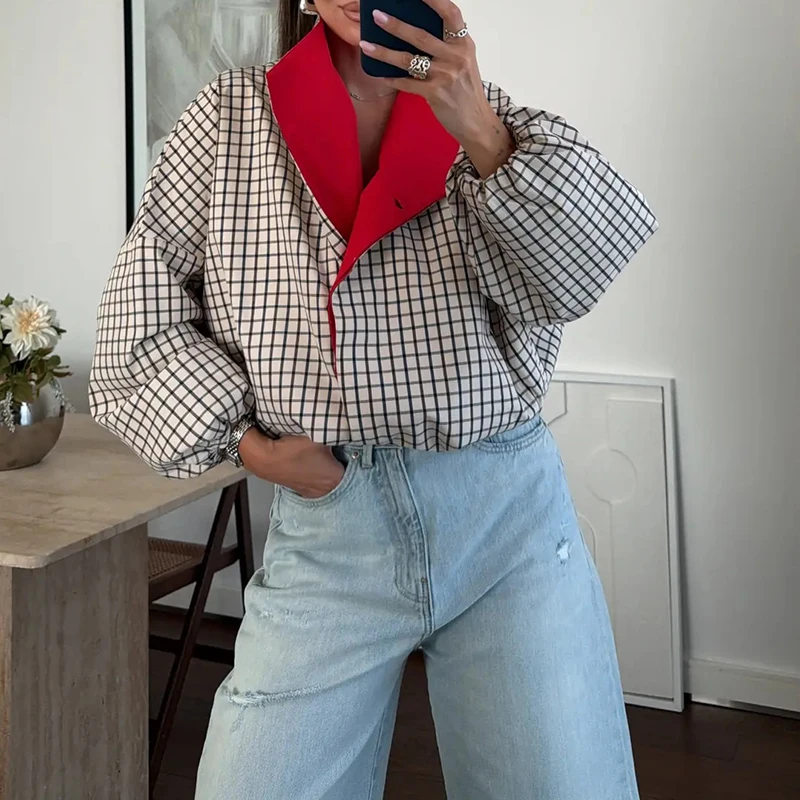 Stylish Retro Grid Loose Jacket Elegant Edgy‑chic Eye‑catching Women Outerwear Leisure Chic Trendy Autumn Female Street Outfit