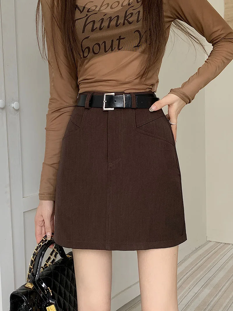 S-XL 2Colors 2023 Autumn Women's High Waist Korean Style Suit A Line Mini Skirt For School Girls with Lining+Belt(L5148