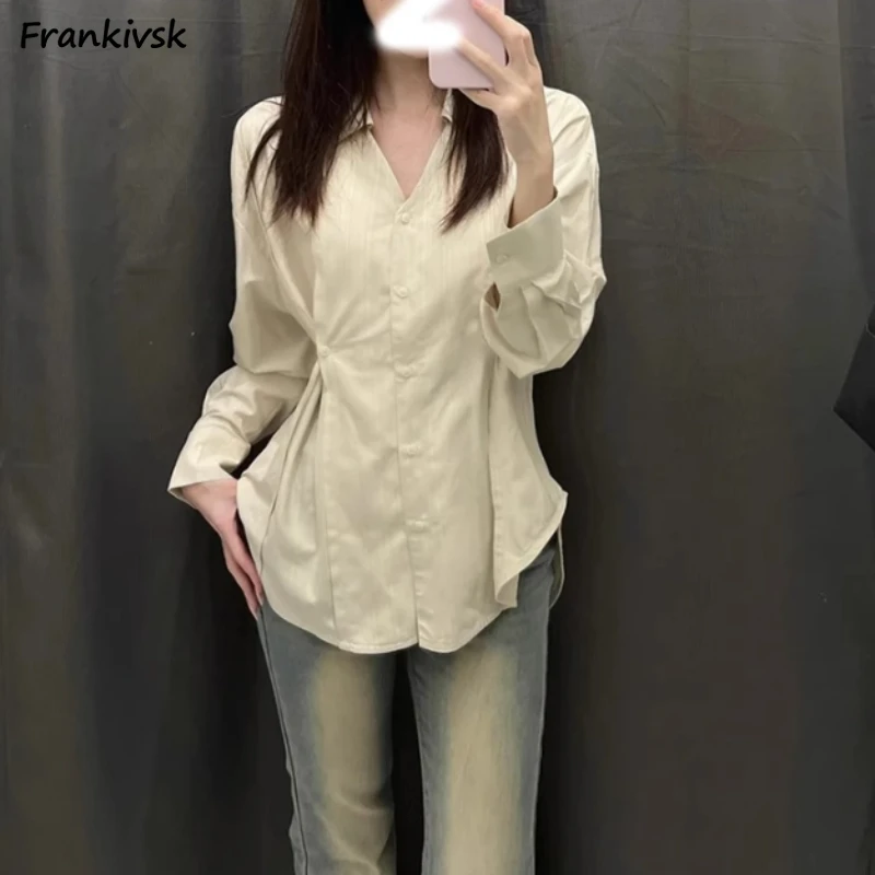 Women Shirts Slim Waist Ruched Casual Solid Color Long Sleeve Office Lady Single Breasted Spring Vintage Korean Design Thin Ins