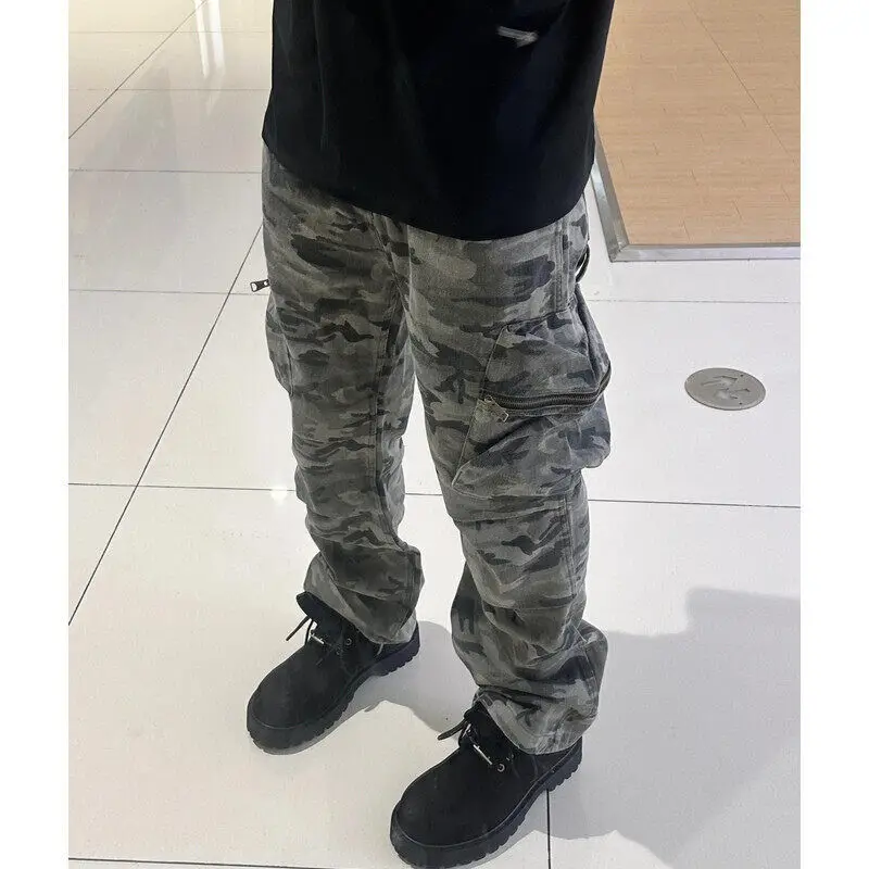 

American Retro Camouflage Workwear Pants Men's Spring Autumn Cleanfit Loose Casual Straight Leg Jeans Multi ket Wide Leg J...