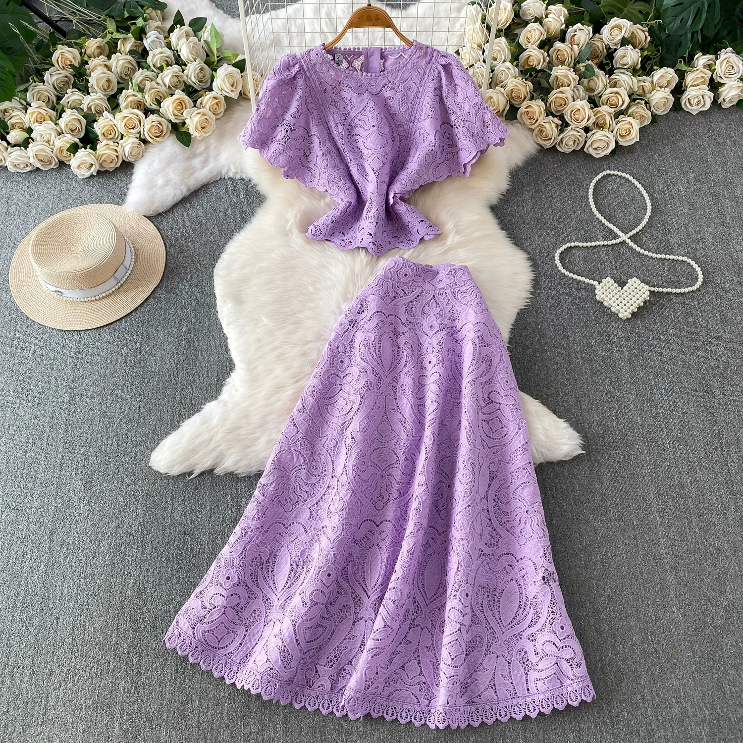 

Elegant Crochet Lace Two Piece Set Women Ruffle Cap Sleeve Blouse High Waist A-Line Maxi Skirt Vintage Boho Holiday Outfit Suit