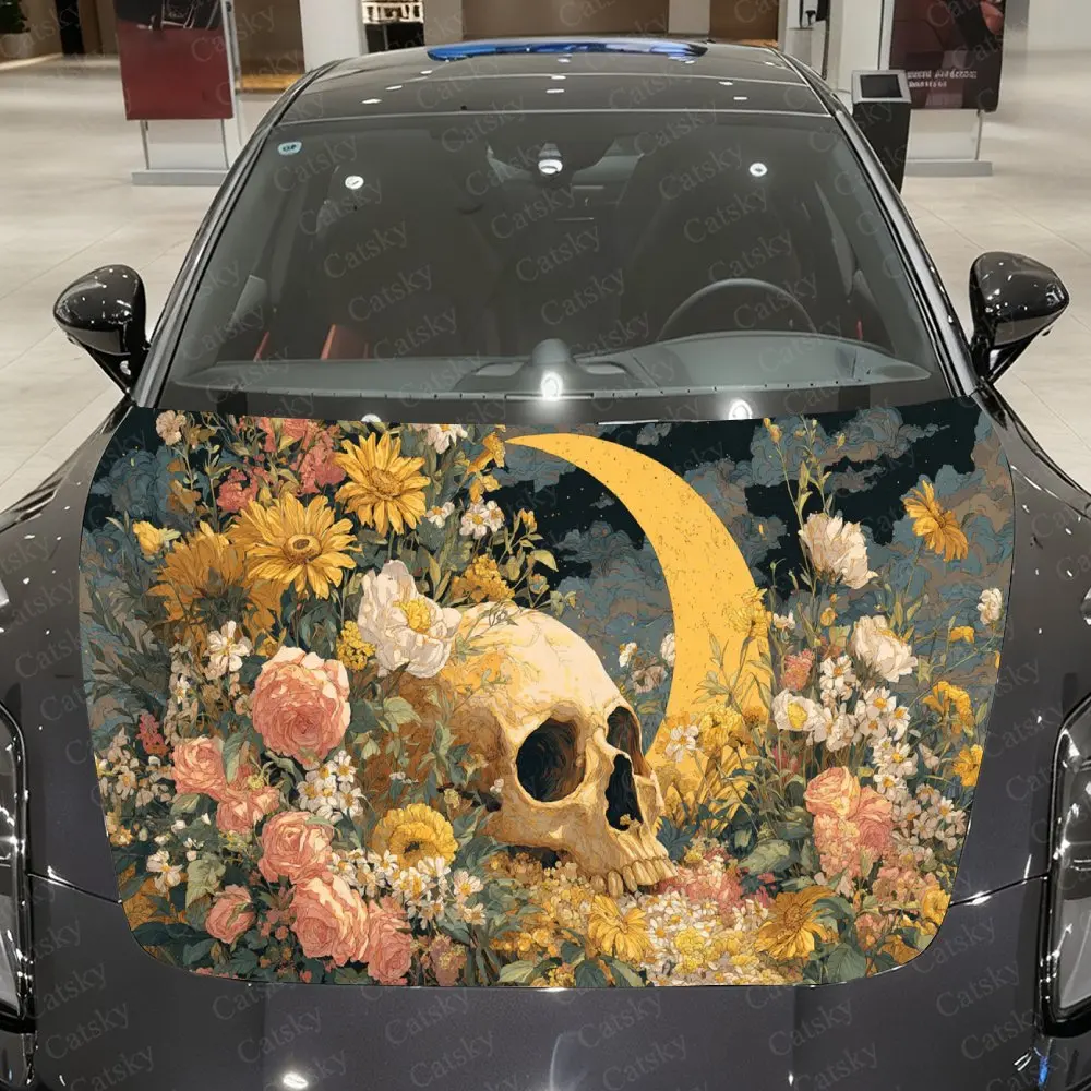 Sunflower-Clustered Skull Car Vinyl Wrap, PVC Waterproof Car Hood Sticker, Self-Adhesive Scratch-Resistant Stickers