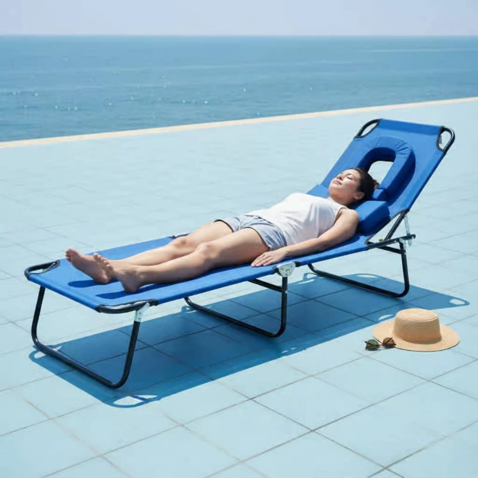 Adjustable Sunbathing Chair Thickened Steel Pipe Adjustable Recliner Bed Lay Flat Beach Lounger Wide Surface Reclining Patio Cot