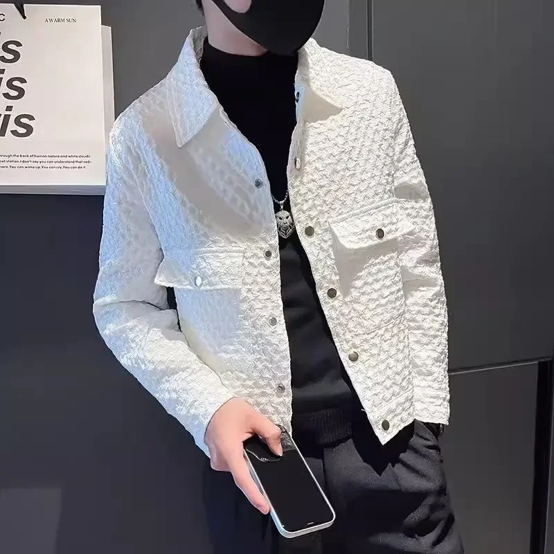 

Men walf checks Jacket Fashion loose lapel-up Spring Autumn retro men Casual Cargo jacket Solid Color Loose male Outerwear