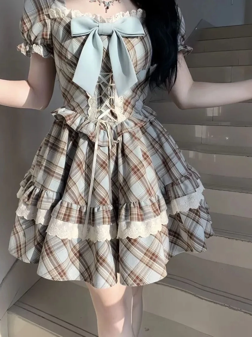 

Sweet Spicy Retro Plaid Square Collar Summer Women Pure Desire ort Skirt Faion Set Anti-Aging Girl Sle Ladies Outfits