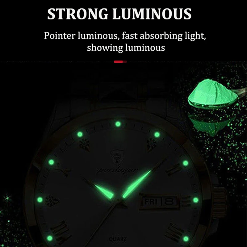 POEDAGAR Stainless Steel Mens Watch Top Brand Luxury Luminous Military Watches Man Waterproof Calendar Week Display Quartz Clock