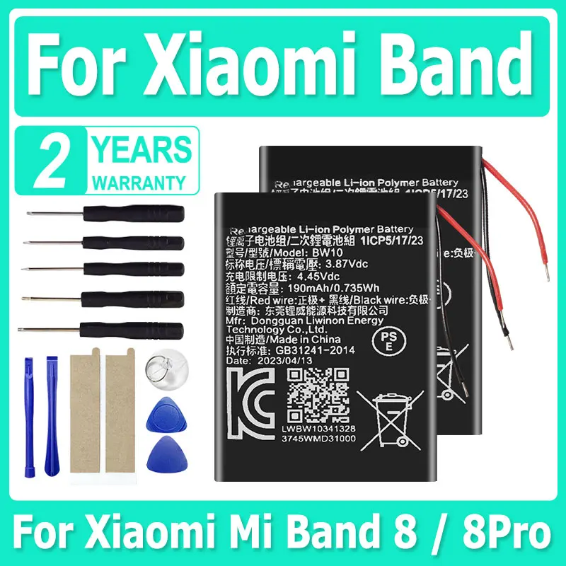 

High Quality 3.87V 190mAh BW10 Replacement Battery For Xiaomi Mi Band 8 / 8Pro M2239B1 M2240B1 Batteries + Free Tools