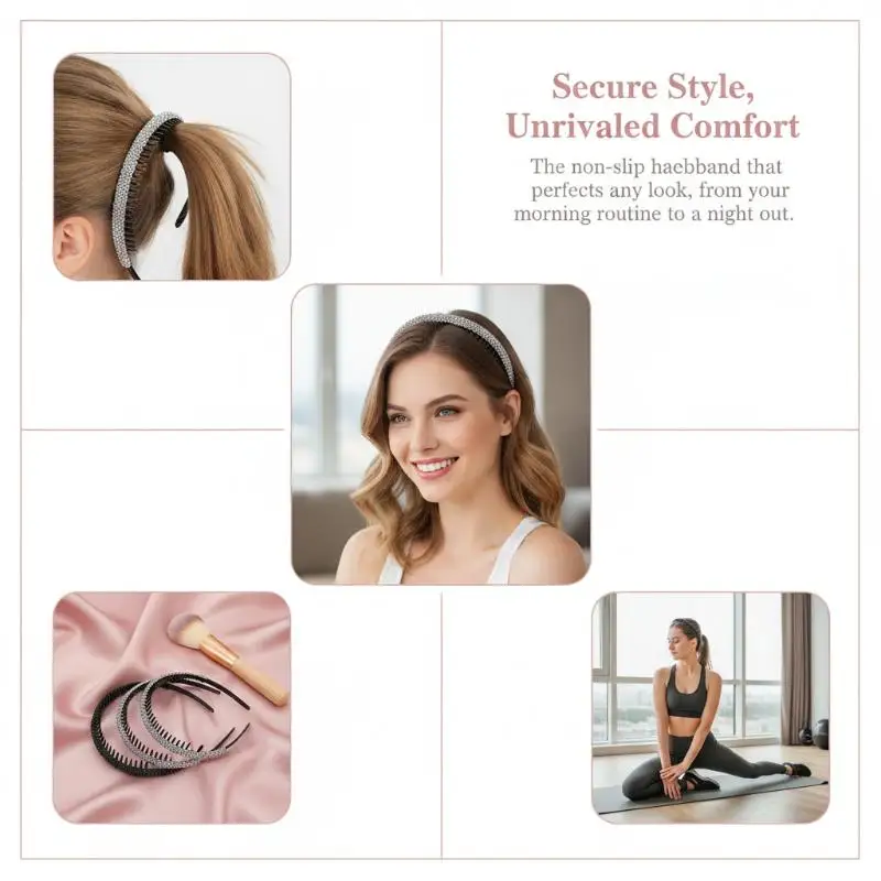 Rutschfeste, mit Strasssteinen besetzte, gezahnte elastische Haarreifen für Frauen, glänzende Luxus-Haaraccessoires – Detail 2