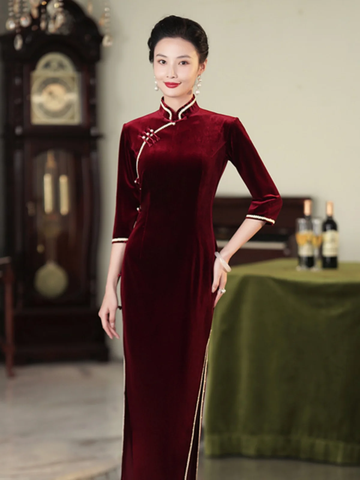 

Винно-красное бархатное платье Ele с длинными рукавами и высоким вырезом, с низким разрезом, для женщин 8-25 лет