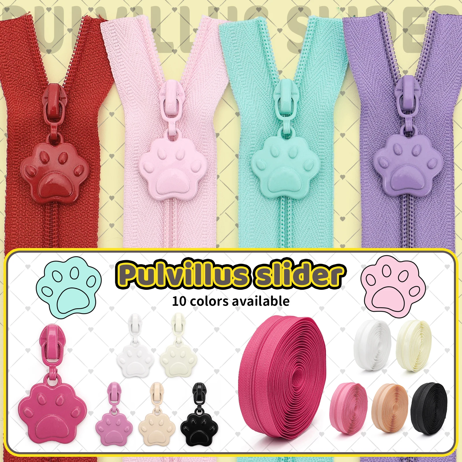 1 Set = 5 Yards (177,16 Zoll) # 3 Nylon-Reißverschlüsse + 10 bunte Reißverschlusszieher in Katzenpfotenform