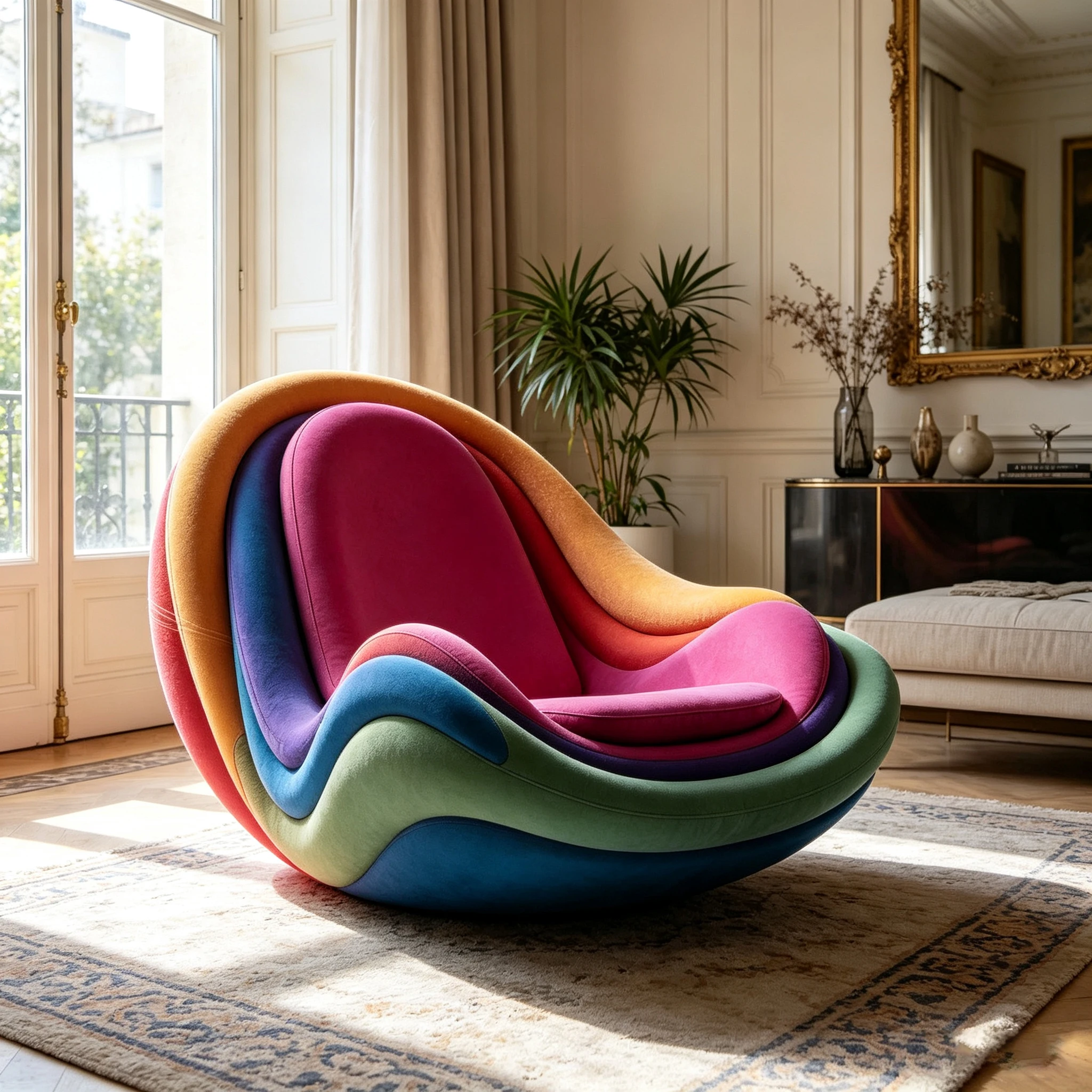 Rainbow gradual change color laminated velvet single revolving recliner, fiberglass frame