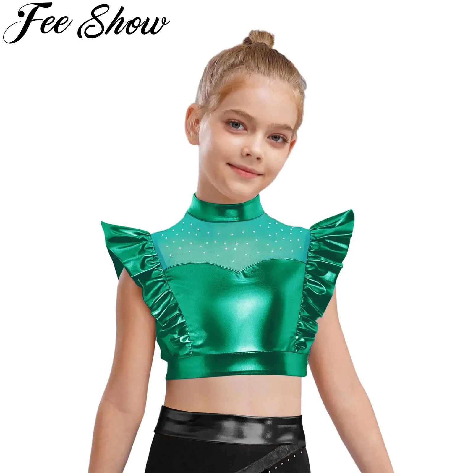 Girls Metallic Jazz Hip Hop Street Dance Tank Tops Shiny Rhinestone Mesh Sleeveless Ruffle Crop Tops Stage Performance Dancewear