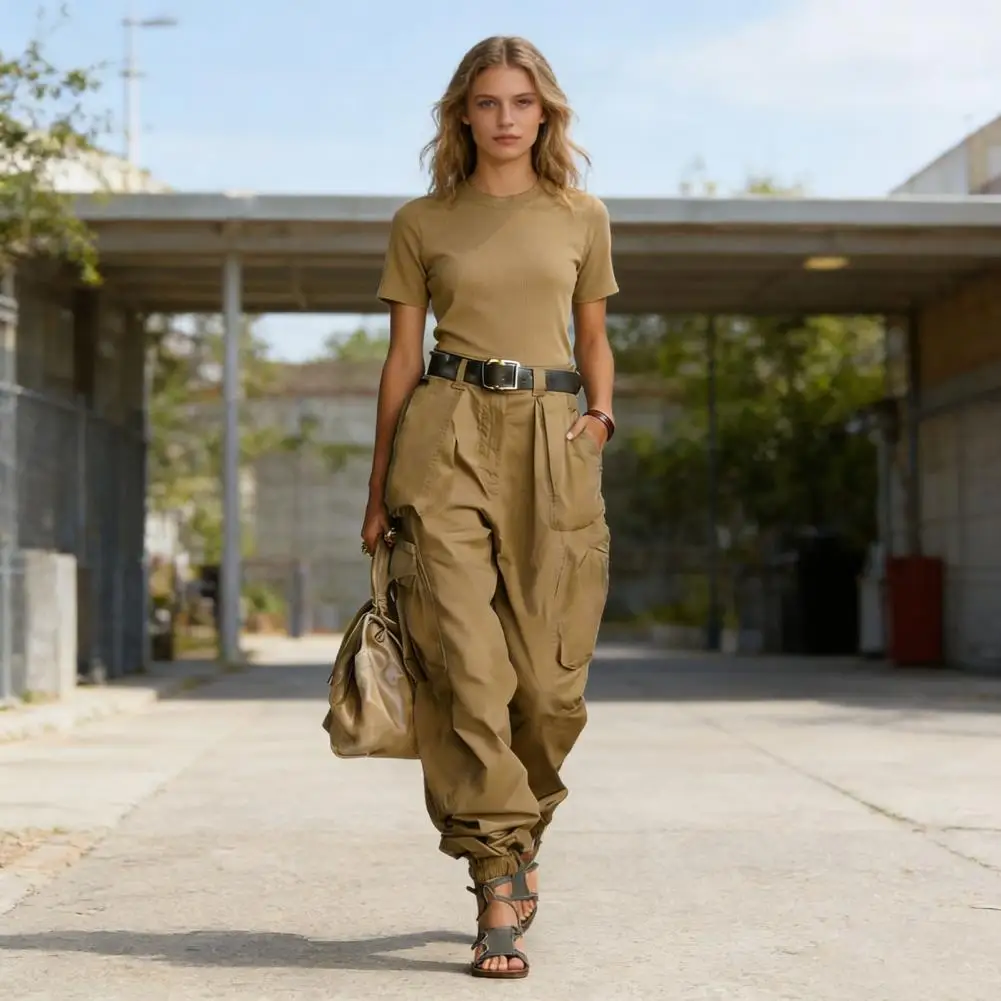Cargo Pants Adjustable Leg Openings Full Ankle Length Side Pockets Baggy Trousers Pure Color Loose Fit Street Style Casual Pants