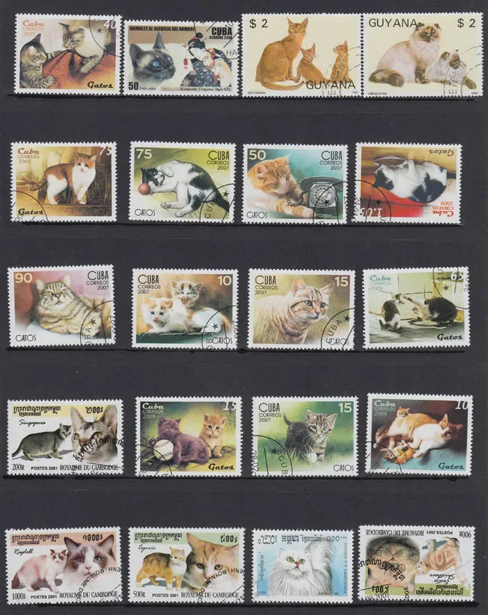 50Pcs/Set Cat Kitten All Different From Many Countries NO Repeat with Postmark Postage Stamps for Collecting