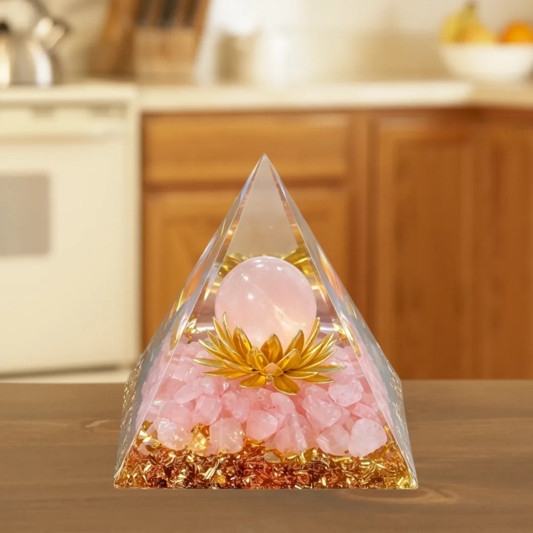 1 Stück Orgonit-Pyramid, klare Kristall-Lotus-Symbol-Orgon-Pyramide, handgefertigte Ornamente für den Heim-Desktop, Orgon-Pyramide aus Rosenquarz – Detail 5