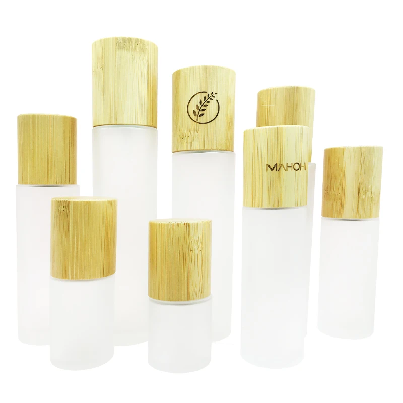 88pcs Engrave logo 4 oz 100ml bamboo spray bottle bamboo lotion frosted glass bottle with pump wooden cap bamboo perfume bottles