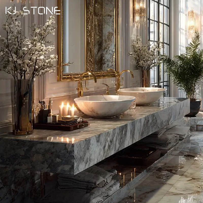 Luxury European Design Double Wash Basins Natural Marble Bathroom Sinks Vanity Counter Top