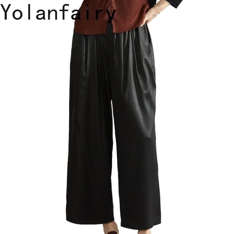 YOLANFAIRY Real 90% Mulberry Silk Pants Women's Clothing Watered Gauze Satin Trousers Elastic Waist Striaght Wide Leg Pants New