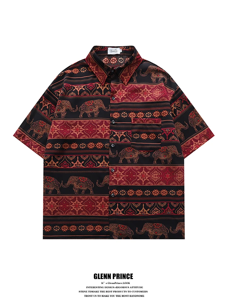 

GPstudio Мужская летняя рубашка с коротким рукавом в тайском барочном стиле с принтом слона, винтажный дизайн, из ледяного шелка, свободный крой, полиэстер, приятная к телу.
