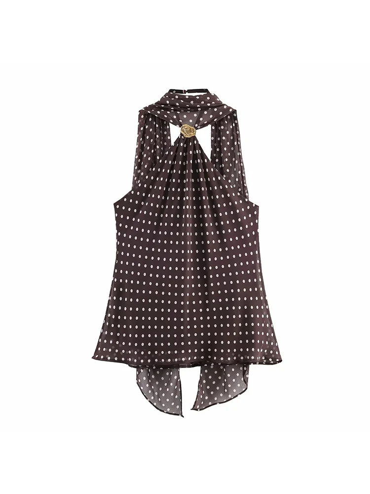 Women Chic Polka Dot Backless Lace Up Top Women Sexy Sleeveless Off-shoulder Metal Buckle Halter Cropped Blouse Lady Street Tops