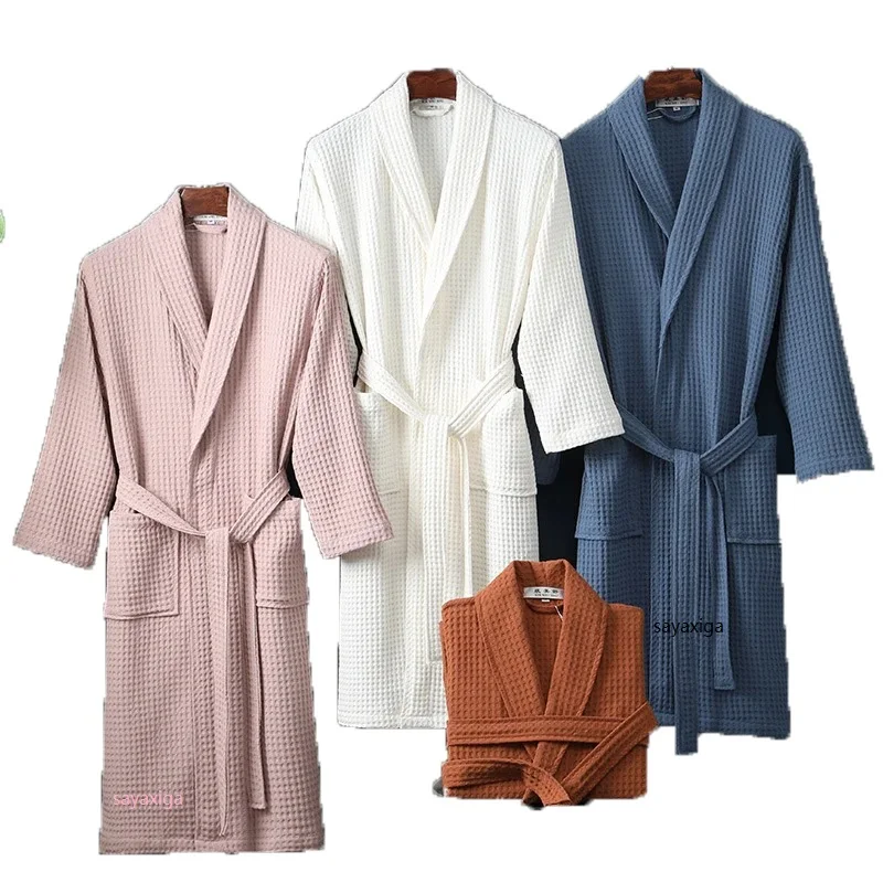 100% Cotton Waffle Bathrobe Women Summer Robe Sleepwear Long Sleeve Brides Bathrobe Kimono Man Casual Home Dressing Gown Pijamas