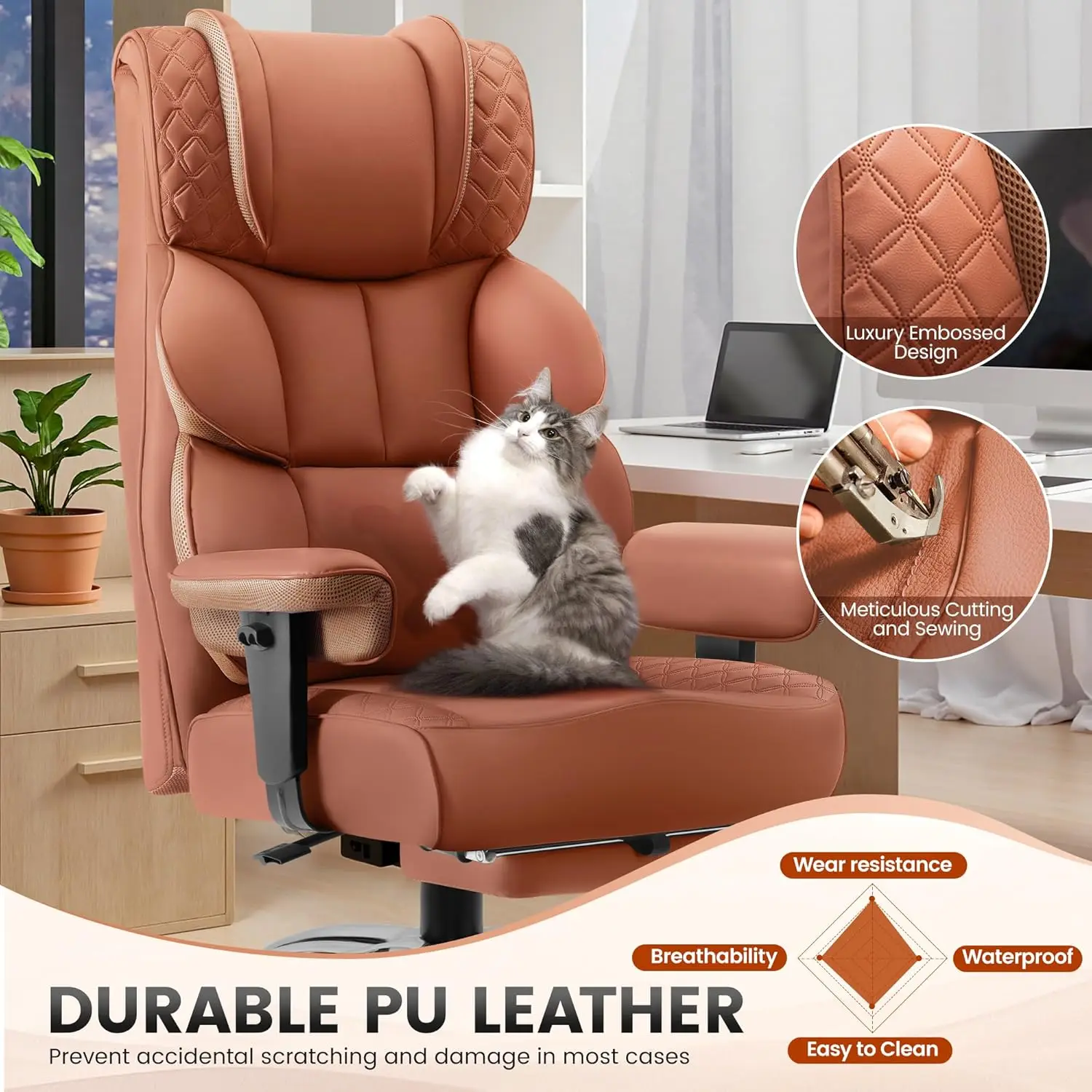 كرسي ألعاب جلدي كبير وطويل مع مسند للقدمين، كرسي مكتب مريح عالي الظهر، بني #4