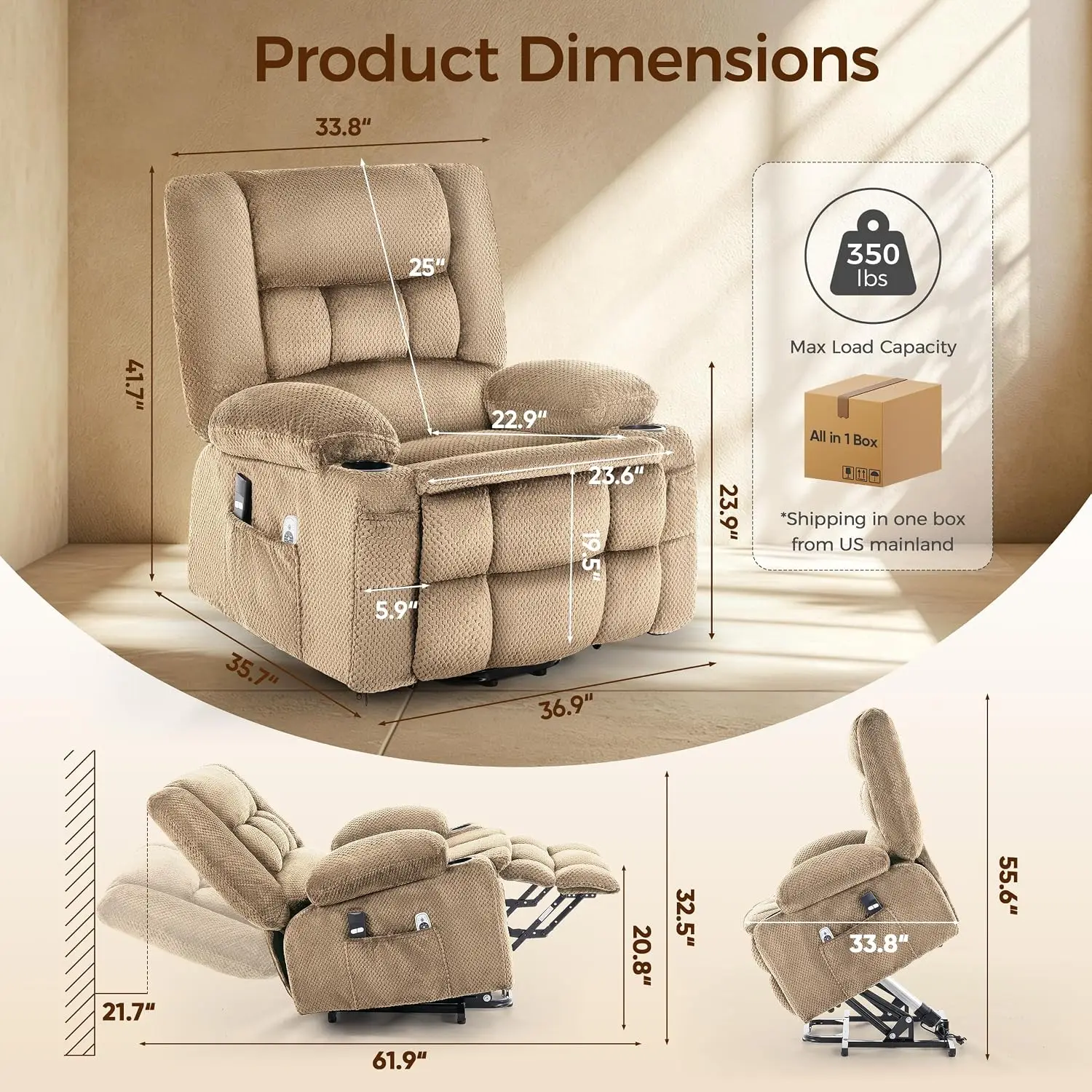 Power Lift Recliner Chair for Elderly, Electric Reclining Lift Chair with Massage and Heating, Comfy Overstuffed, Customized