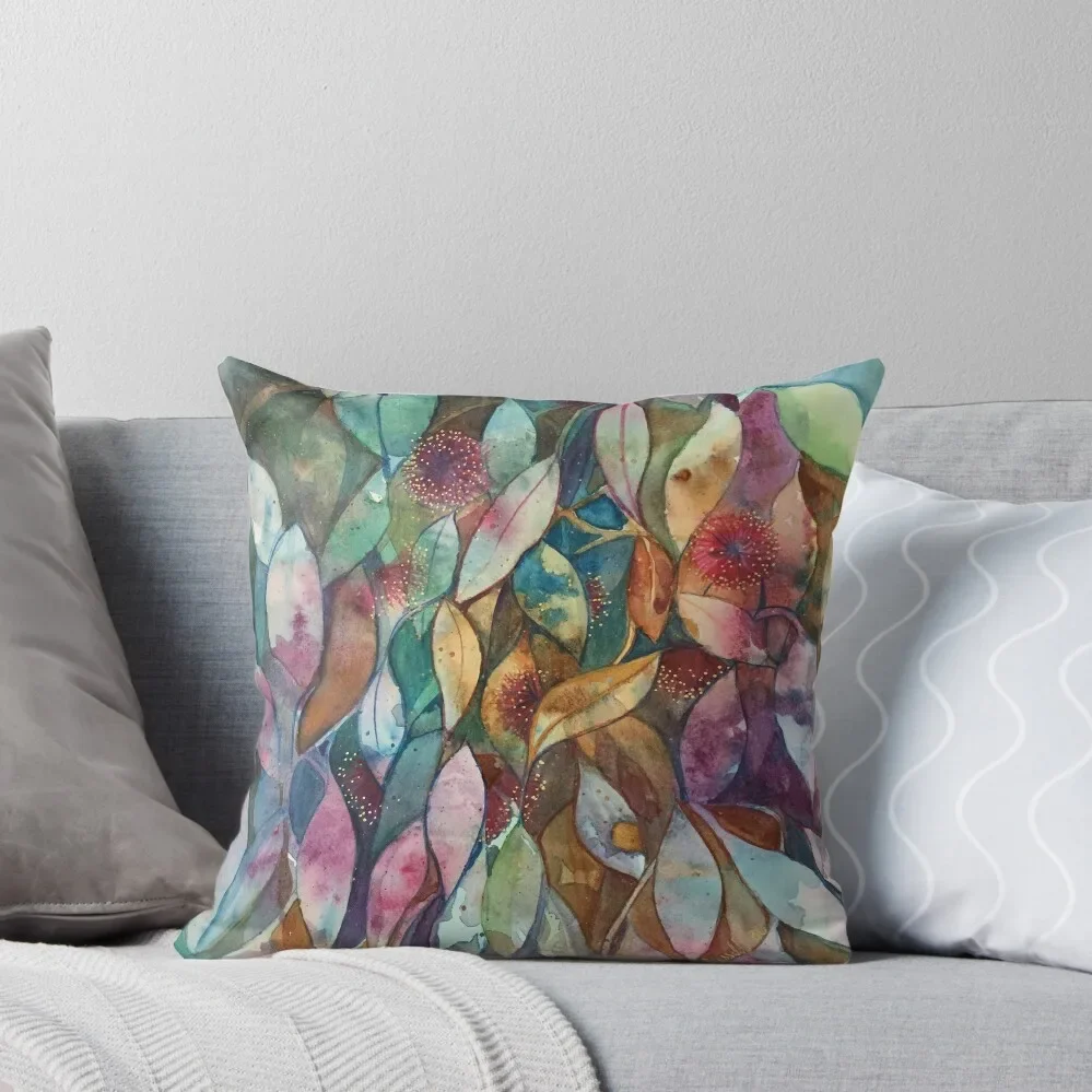 

Watercolor Gum Blossoms in Green and Pink Throw Pillow Pillows Aesthetic covers for pillows pillow